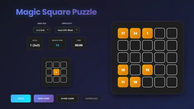 Free of costs Magic Square puzzle 3x3 and 4x4 online