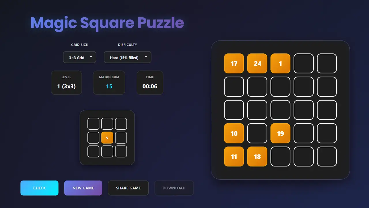 Free of costs Magic Square puzzle 3x3 and 4x4 online
